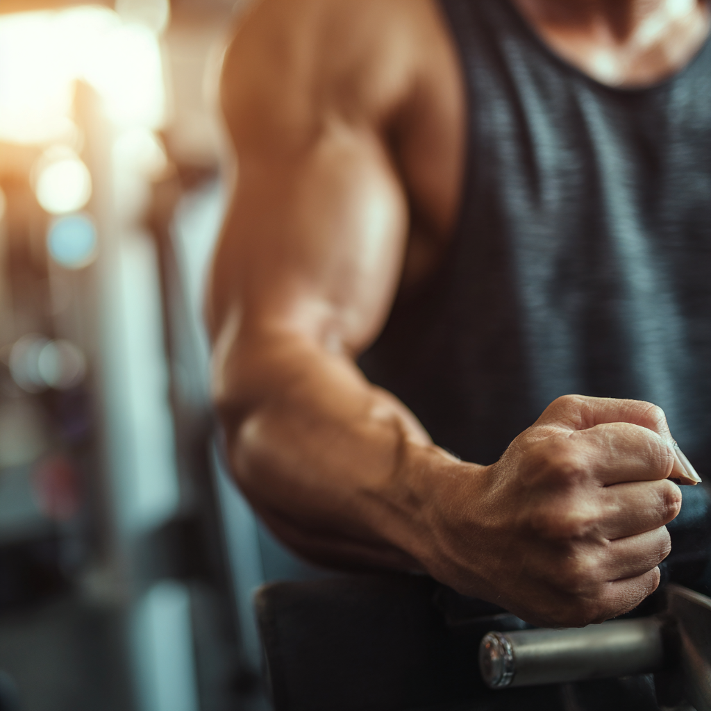 Confident European man in his 30s performing strength training with dumbbells, smiling at camera in modern fitness center, realistic photography style