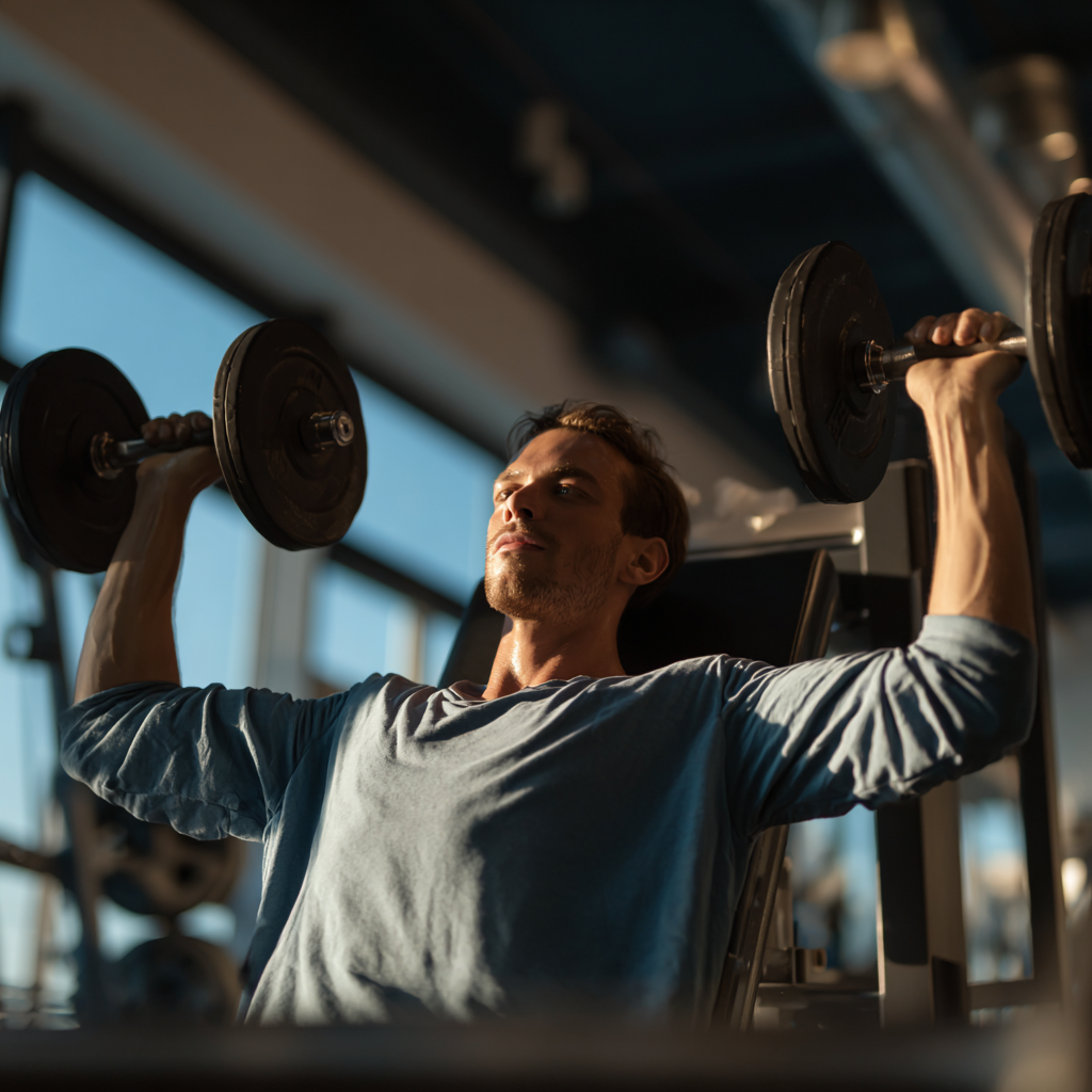 Athletic European woman in her 20s doing advanced functional training movements with kettlebell, bright smile, professional gym environment, realistic photography style